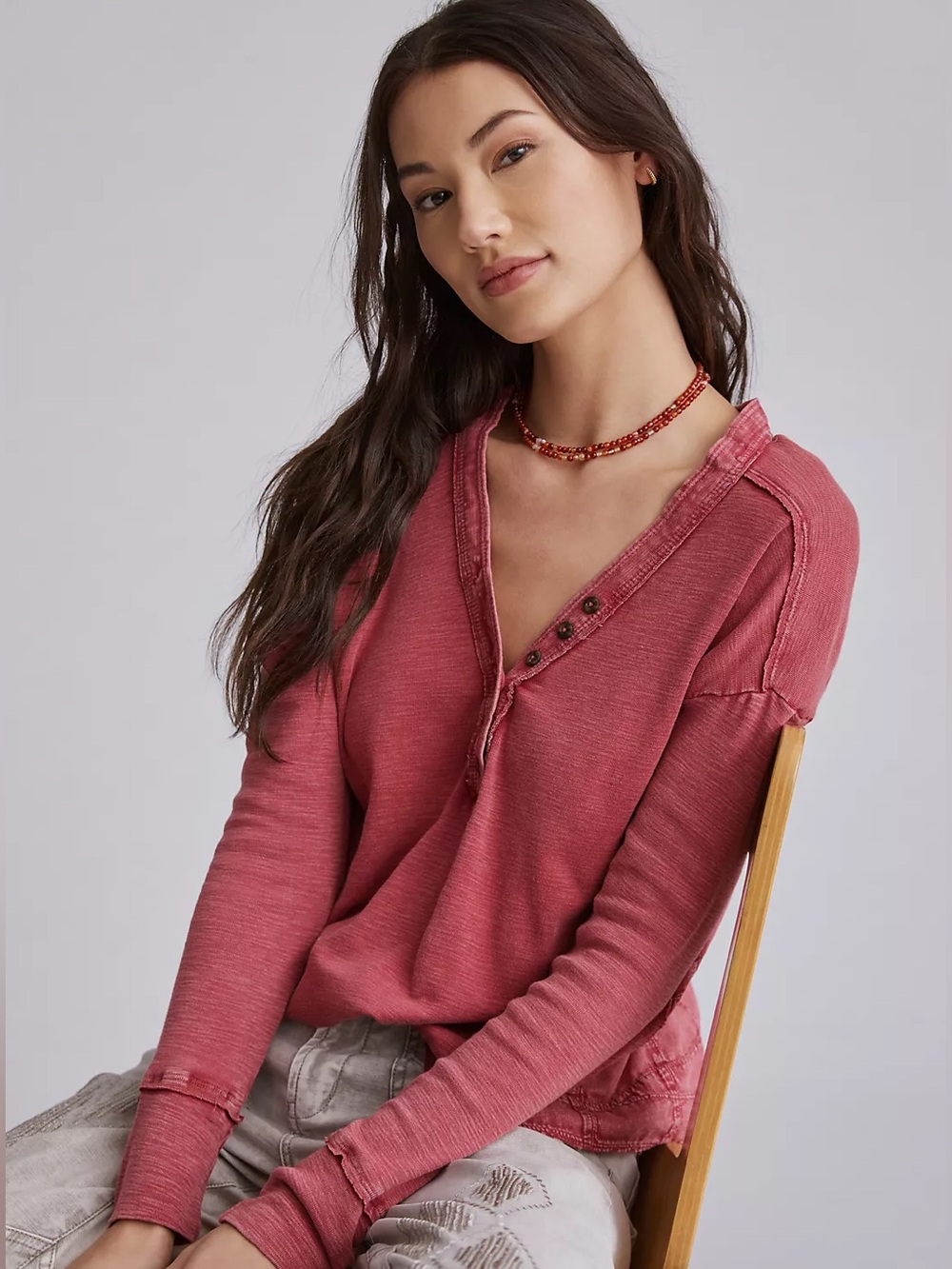 Anthropologie Dusty Rose Henley Long-Sleeve Top